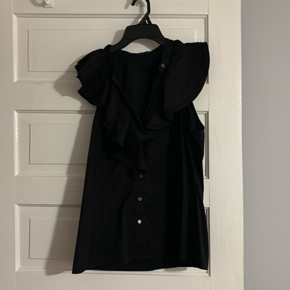 BCBGMaxAzria Black Ruffle Button-Down Top